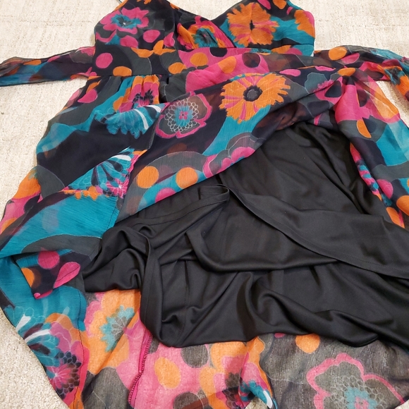 EUC spaghetti strap, tie-back, A-line dress. Size L. Orange, pink, black & teal. - Picture 6 of 9